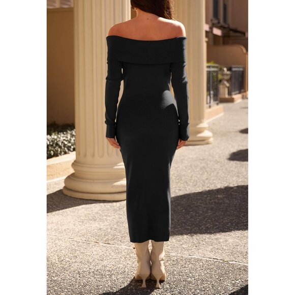 Merokeety Women's Black Off Shoulder Long Sleeve Elegant Bodycon Midi Dress - Picture 4 of 9